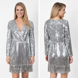 Nova Luxe Women’s Silver Sequined Fringe Party Evening Dress Size Small